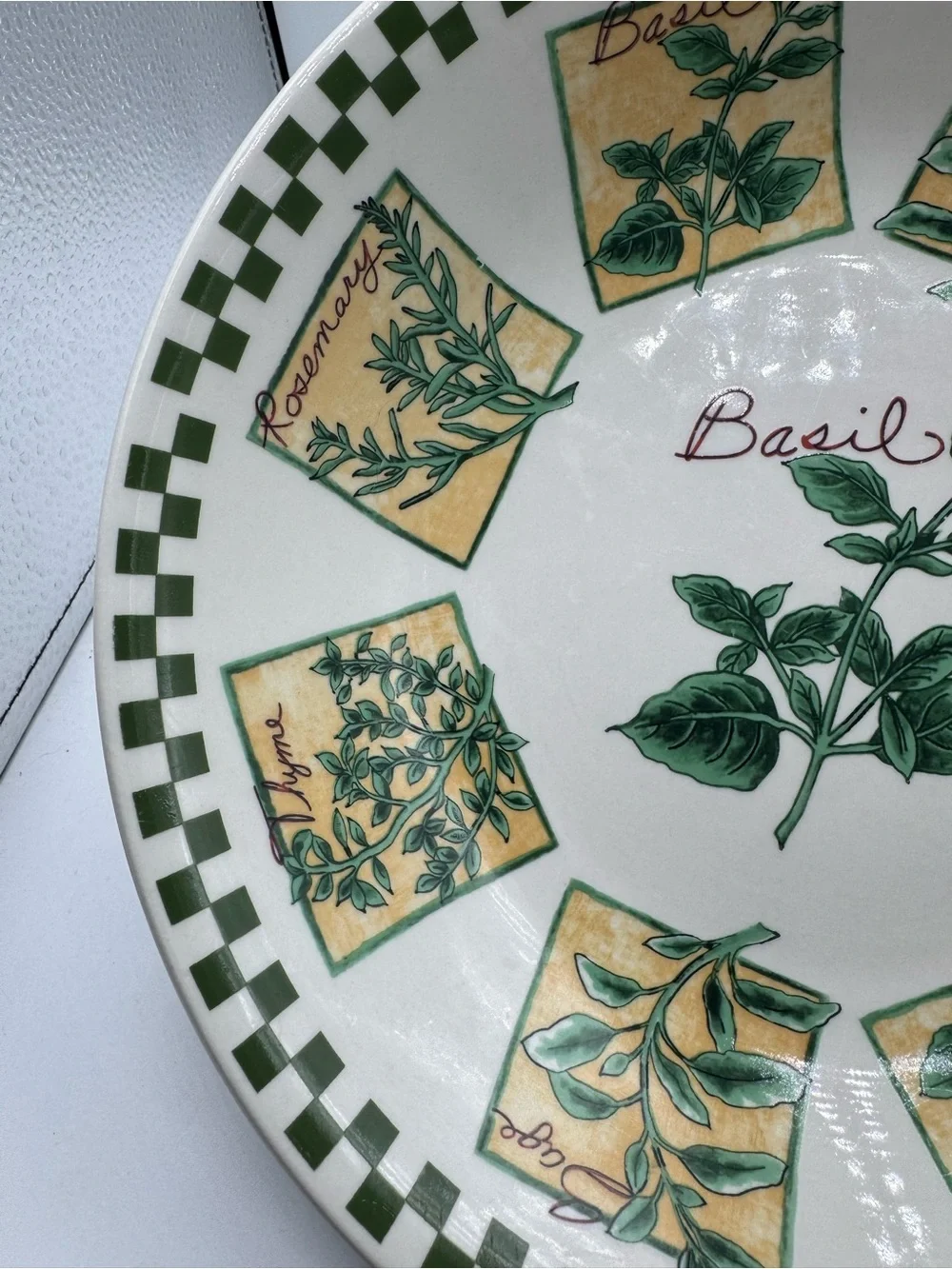 Large Green and White Pasta Bowl Different Herbs, Basil WCL 12 1/2”